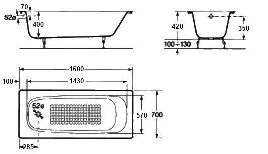 Чугунная ванна Roca Continental (160x70) с гладким дном